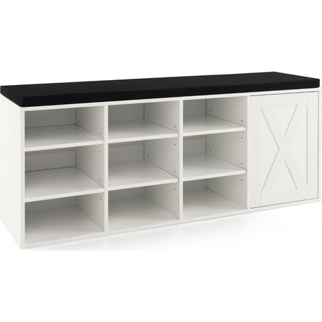 Banco zapatero con espacio de almacenaje organizado 110,5 x 30 x 49 cm asiento cómodo con cojín acolchado estilo moderno madera blanca 200010586