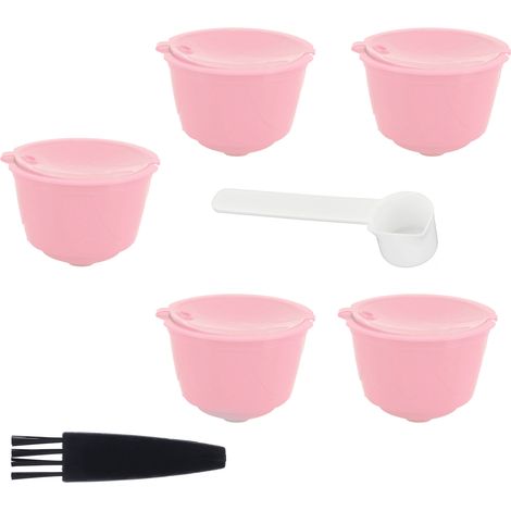 Capsules Réutilisables pour Machine Dolce Gusto - Kit 5 Capsules Rose avec Cuillère et Brosse de Nettoyage