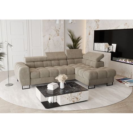 Ecksofa Schlafsofa BASTIEN in Stoff Terra Beige Ottomane Rechts