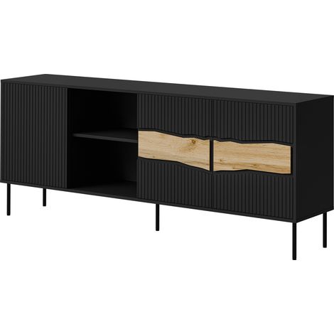 Aparador Monevare 101, Negro + Roble wotan, 80x190cm, Número de puertas: 040cm, Aglomerado laminado, MDF, LED (1/5)