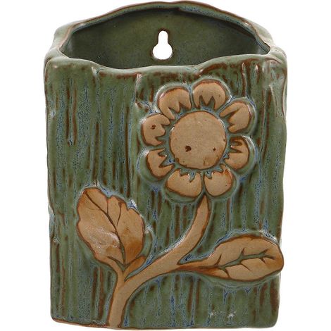 Pot de fleurs mural suspendu - Pot de fleurs en céramique à motif floral pour plantes succulentes avec trou de suspension - Pot de fleurs mural vintage pour balcon ou salon (1/5)