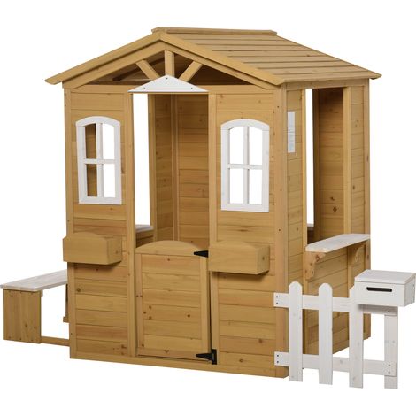 Maison de jeu enfant en bois extérieur avec porte fenêtre jardinière boîte aux lettres banc pour enfants 3-6 ans (1/5)