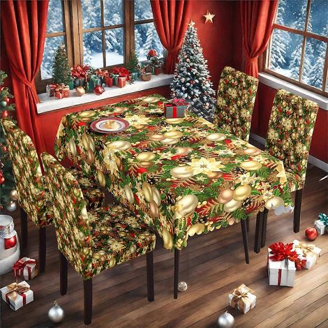 Ensemble de 50 pièces (nappe imperméable 140 x 210 cm + 4 chaises) pour Noël 2025 : nappe, housse de chaise et tissu d'ameublement, imprimé et imperméable. (1/4)