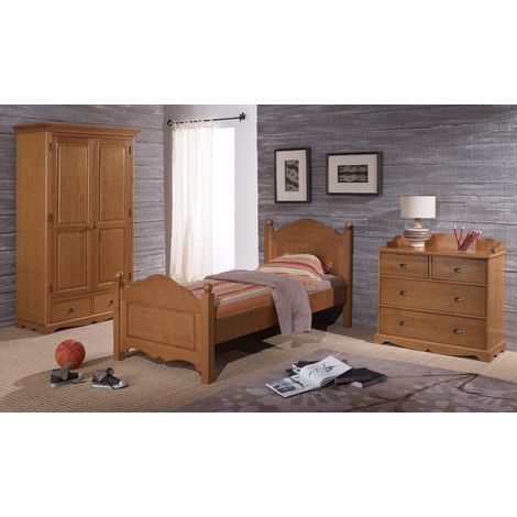 Beaux Meubles Pas Chers – Chambre enfant complète pin miel – Lit 90x190 cm – Armoire 2 portes 2 tiroirs – Commode 4 tiroirs – Finition semi-antiquaire (1/5)