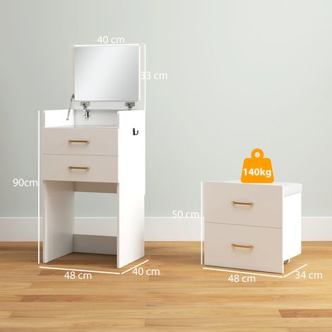 Coiffeuse avec miroir et tabouret 3 en 1, 3 tiroirs et plateau en verre visible, coussin rembourré, 48 x 40 x 90 cm, blanc (1/5)