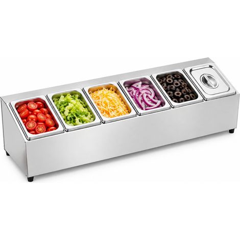 Relaxdays Pizza Topping Box, 6 Compartments, GN 1/6, Stainless Steel, Silver, HWD 21.5 x 102.5 x 22.5 cm (1/5)