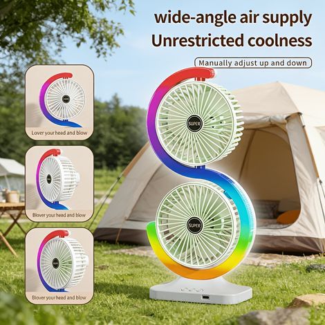 Ventilateur de Bureau Double Tête Rechargeable USB, 5 Vitesses et Lumière LED,Vert (1/5)
