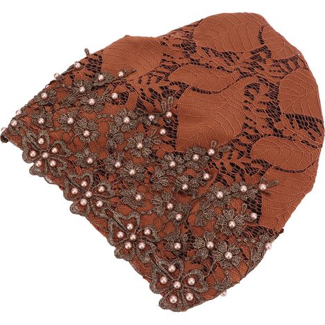 Turban Brodé en Dentelle avec Perles pour Femme - Couleur Caramel, Léger et Confortable pour Tous les Jours (1/5)