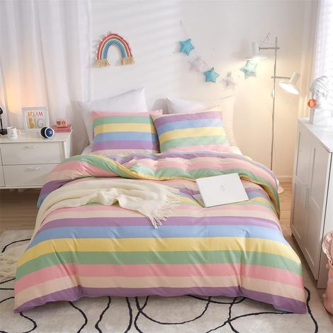 Parure de lit multicolore avec housse de couette de 135 x 200 cm et taie d'oreiller de 80 x 80 cm pour enfant Motif rayures arc-en-ciel Multicolore (1/5)
