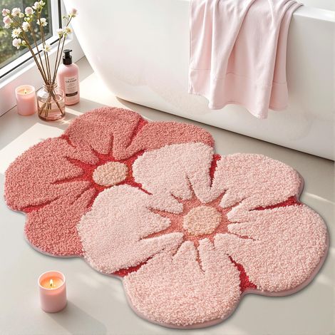 Tapis de salle de bain irrégulier à double fleur rose 20 x 32 pouces, tapis de sol absorbant séchage rapide en microfibre douce, tapis décor floral mignon antidérapant lavable en machine pour baignoir (1/5)