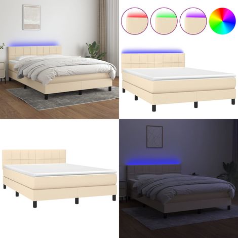 Sommier à lattes de lit avec matelas LED Crème 140x190 cm Tissu - Sommier Tapissier - Lit Plateforme - Lit Avec Led - Matelas À Ressorts Ensachés - Tête De Lit Ajustable - Home & Living (1/5)