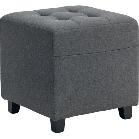 Tabouret bas de salon, recouvert de lin, avec poche latérale et couvercle rembourré à boutons, gris facile à assembler avec instructions incluses