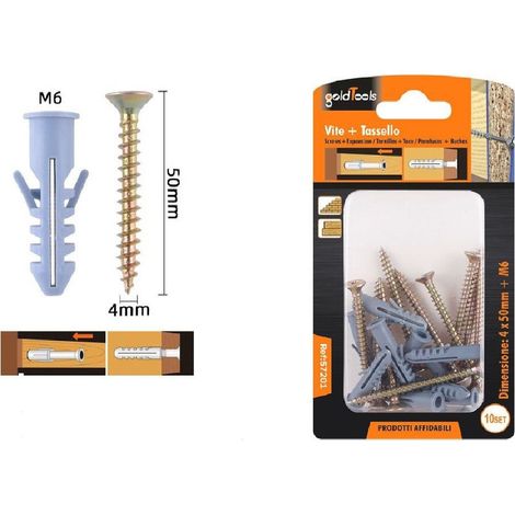 Trade Shop - Set 10 Pezzi Viti Vite 4 X 50 Mm + Tasselli Con Alette Tassello M6 Fischer 57201 - (1/2)