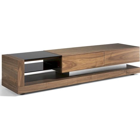 Meuble TV bois 2 tiroirs et 2 espaces ouverts de rangement insert acier poli pieds bois - Noyer, noir (1/4)