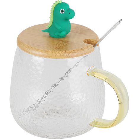 Mug en verre borosilicate 400ml résistant à la chaleur avec cuillère inox et couvercle bambou (Modèle Dinosaure) (1/5)