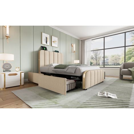 Bettgestell 90x200 cm aus beigem Leinen mit 4 Schubladen und USB – MEUBLIV (1/5)