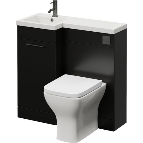 Napoli 390 Matt Black 900mm Single Door Vanity Unit Toilet Suite with Left Hand Square Lucia Basin - 900mm - Gunmetal Grey 160mm HandleWith Kingston Toilet Pan and Seat