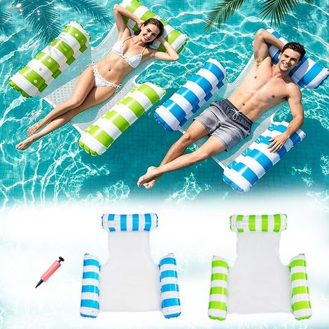 Set aus 2 dicken, aufblasbaren 3-Schlauch-Poolliegen für Erwachsene, Wasserliegen für Sommer, Strand und Poolpartys (grün und blau) (1/5)