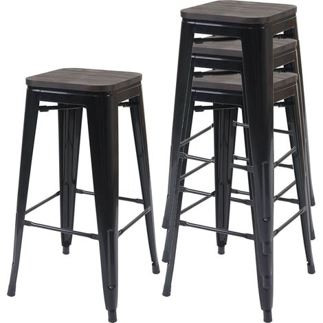 4x tabouret de bar HWC-A73 avec siège en bois, chaise de comptoir, métal, design industriel, empilable - noir