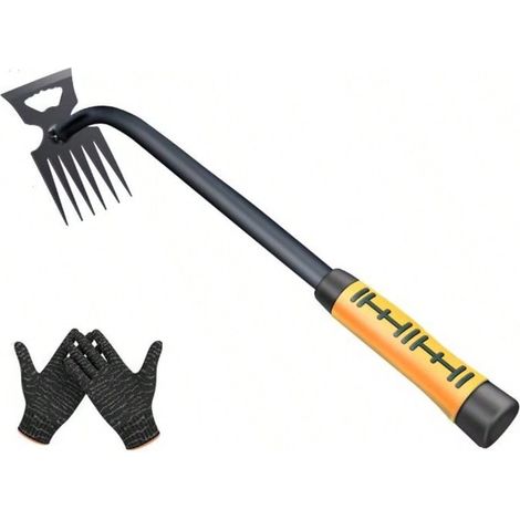 Désherbeur Manuel, 6 Dents Rateau de Désherbag, Râteau de Jardin en Acier Inoxydable Outil de Désherbage,avec gants (1/2)