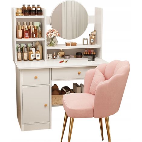 Schminktisch mit Spiegel und Schubladen, weiß, glamouröses Make-up, skandinavisch, 100 cm