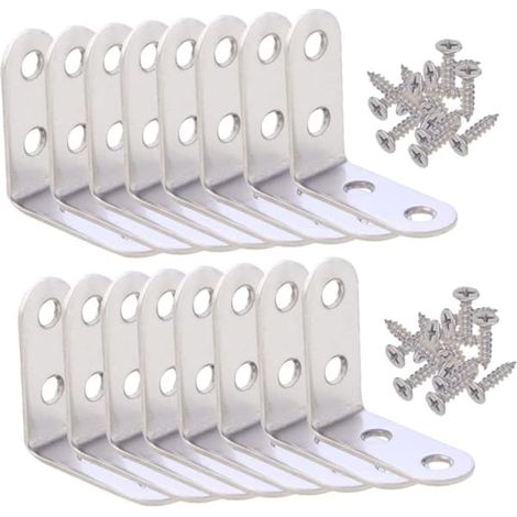 Lot de 16 équerres de fixation d'angle en acier inoxydable épais pour étagères, placards et meubles en bois. Vis incluses. (1/5)