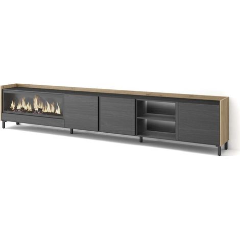 Mueble TV Carratraca-02 de 315x61x35 cm con chimenea y luces LED, diseño industrial, color negro y roble (1/4)