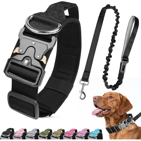 (Noir,XL) Collier pour Chien et Laisse,Collier Chien Tactique,Colliers Réglable Militaire en Nylon avec Poignée,Colliers pour Chiens Rembourré pour Chiens de Taille Moyenne Grand