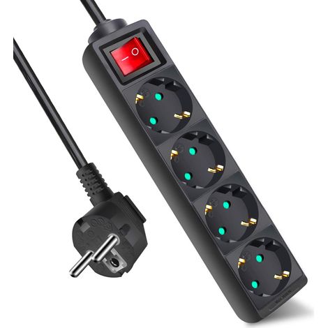 Multiprise avec 4 prises et interrupteur, câble 1,5 m, pour la maison, le bureau et les voyages, max 3680 W, 16 A, 250 V, noir, 1 pièce (1/5)