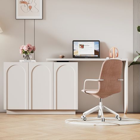Bureau d'angle rotatif blanc avec rangements, meuble informatique L modulable, plateau 110 cm, portes à fermeture douce, MDF, montage facile – CHICFURN (1/5)