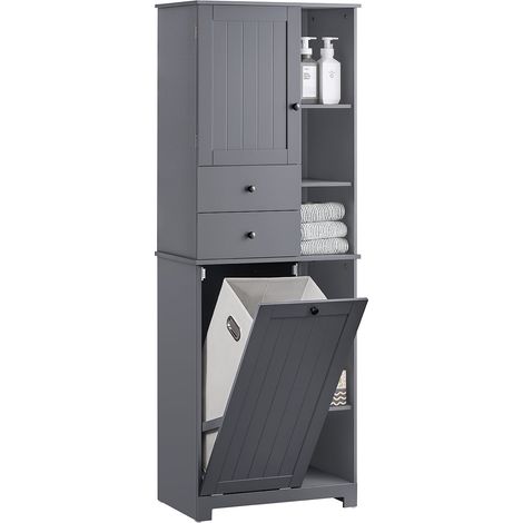 Armario Alto de Baño con Cesto para Ropa Sucia Mueble Columna Multifuncional con 1 Puerta 6 Estantes y 2 Cajones Gis 60 x 37 x 170 cm BZR104-DG SoBuy ES (1/5)