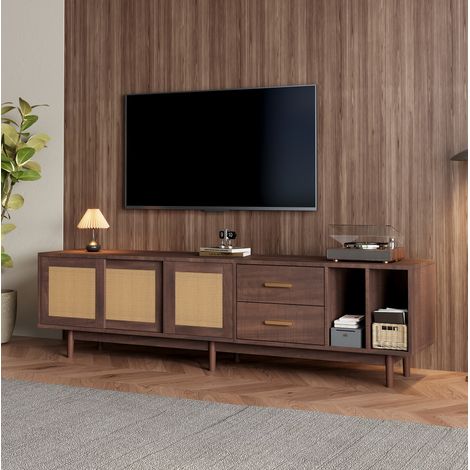 Meuble TV 190x40x52 cm marron en MDF effet rotin avec 2 tiroirs, 3 portes et grand rangement (1/5)