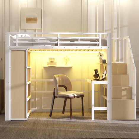 Lit mezzanine 90 x 200 cm avec bureau, étagère, éclairage LED et rangement, cadre en métal et MDF,blanc (1/5)