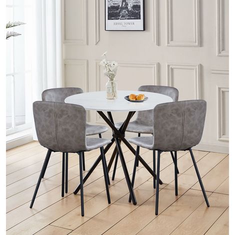 Hallowood Furniture Cullompton Round Table and Chairs Set 4, Small Mable Effect White Round Table with Taupe Faux Leather Effect Chairs, 4 Seater Dining Set for Home or Café