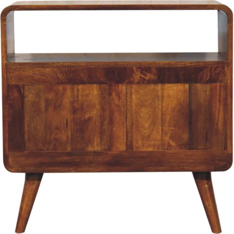 Commode nordique en bois massif courbé, 2 tiroirs + 1 niche ouverte, design élégant et fonctionnel, couleur marron foncé (1/4)