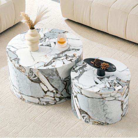 Table basse gigogne ronde 62,8x62,8x35 cm en MDF blanc, avec rangement pour salon FloraGrace (1/5)