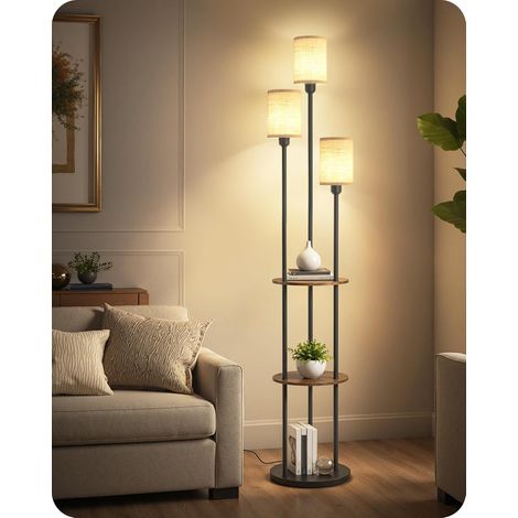 Floor Lamp with Shelf, Vintage Style, Rustic Brown and Beige  With 3 Linen Fabric Shades and 1 Foot Switch for Living Room, Bedroom, Office (1/5)