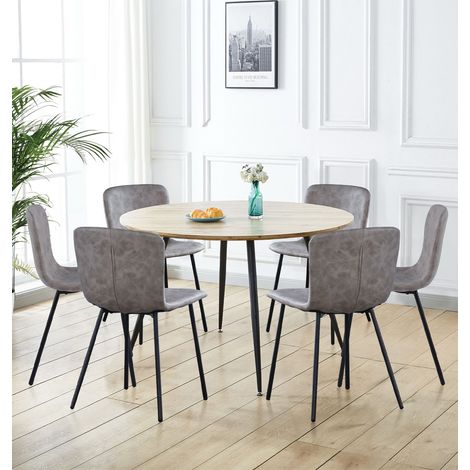 Hallowood Furniture Cullompton Large Round Dining Table and Chairs Set 6, Light Oak Effect Top Kitchen Table and Chairs in Taupe Faux Leather Upholstery, Modern Dining Room Sets for Home or Café (1/5)