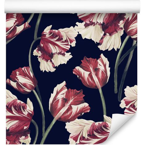 Carta da parati con tulipani bianchi e rossi per soggiorno e camera da letto, 50x1000 cm. (1/5)