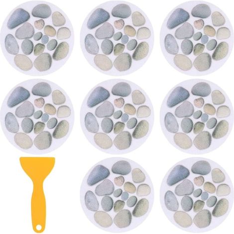Lot de 8 Autocollants Ronds pour Baignoire, Diamètre 15 cm, Motif Pierre de Bains, Fond de Salle de Bains, Autocollant avec Grattoir, pour Baignoires Douches (1/4)