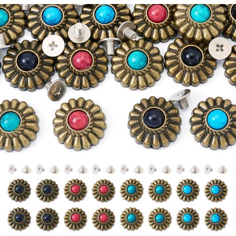 Lot de 16 rivets décoratifs en alliage - Turquoise - Fleurs - Boutons en métal antique bronze - Rivets à vis pour vêtements en cuir, sac à main, chaussures et travaux manuels (1/5)