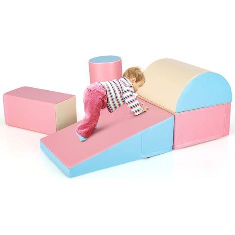 Ensemble de motricité enfant rose en mousse EPE, 5 blocs antidérapants et housse PU lavable pour salle de jeux et crèche (1/5)