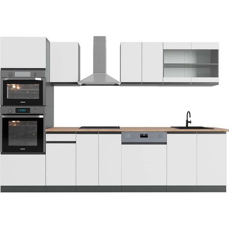 Küchenzeile R-Line, Weiß/Anthrazit, 300 cm mit Hochschrank, AP Eiche, Vicco