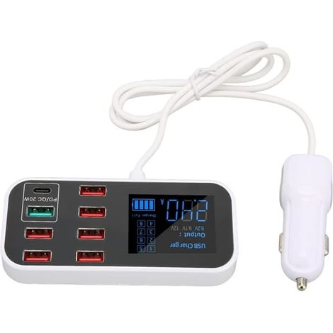 Chargeur de voiture USB 8 ports, station de charge rapide USB 40 W, adaptateur allume-cigare avec écran LCD, hub USB rapide QC 3.0 pour smartphones et voitures avec plusieurs ports. (1/5)