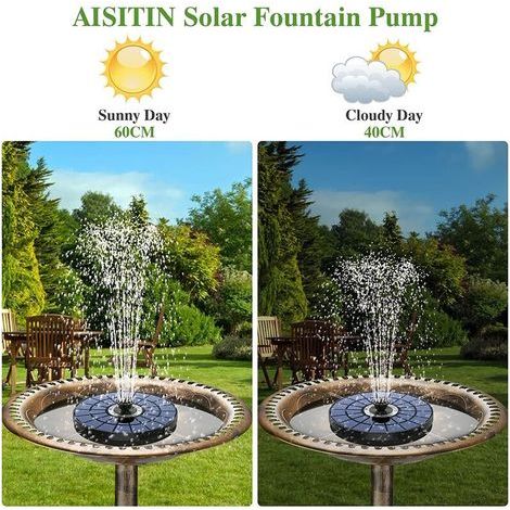 Fontaine de jardin solaire à LED – Pompe flottante 3W batterie 900mAh – 7 buses pour effets de pulvérisation – Hauteur 30-60 cm – Pour bassin ou terrasse (1/5)
