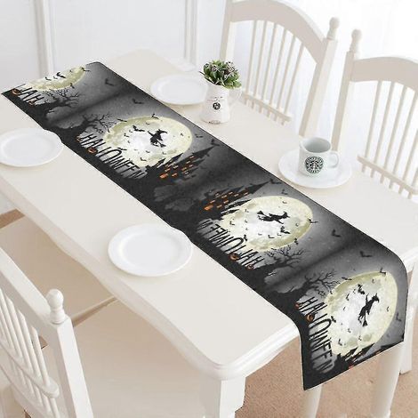 Gruseliger Halloween-Tischläufer mit Fledermaus- und Geistermotiv, 35 x 180 cm, Tischläufer mit gruseligem Mondnacht-Motiv für Hochzeitsfeiern und Bankette (1/3)
