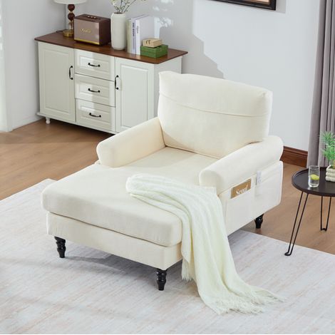 Fauteuil chaise longue 125.5x97x86 cm beige en chenille avec poches latérales (1/5)