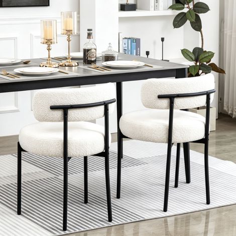 Chaise de salle à manger blanche - Chaise repas en tissu bouclé bouclette - Dossier incurvé moderne - Assise ronde épaisse - Pieds métalliques noirs réglables - Mobilier de décoration intérieure (1/5)