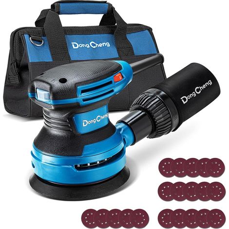 Ponceuse excentrique 380W, 125mm, 8.000-12.800 tr/min (+ housse)  6 vitesses, Faible vibration, Avec bac de collecte et raccord pour aspirateur, Inclus 20 feuilles abrasives pour bois (1/5)