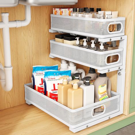 LEDANDER Organisateur sous évier – Lot de 1 – Étagère coulissante à 3 niveaux en métal renforcé – Tiroir de rangement coulissant pour salle de bain, cuisine, garde-manger ou buanderie (1/5)